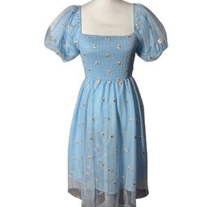 Shein Blue Puff Sleeve‎ Daisy Embroidered Midi Dress CottageCore – Women's Small